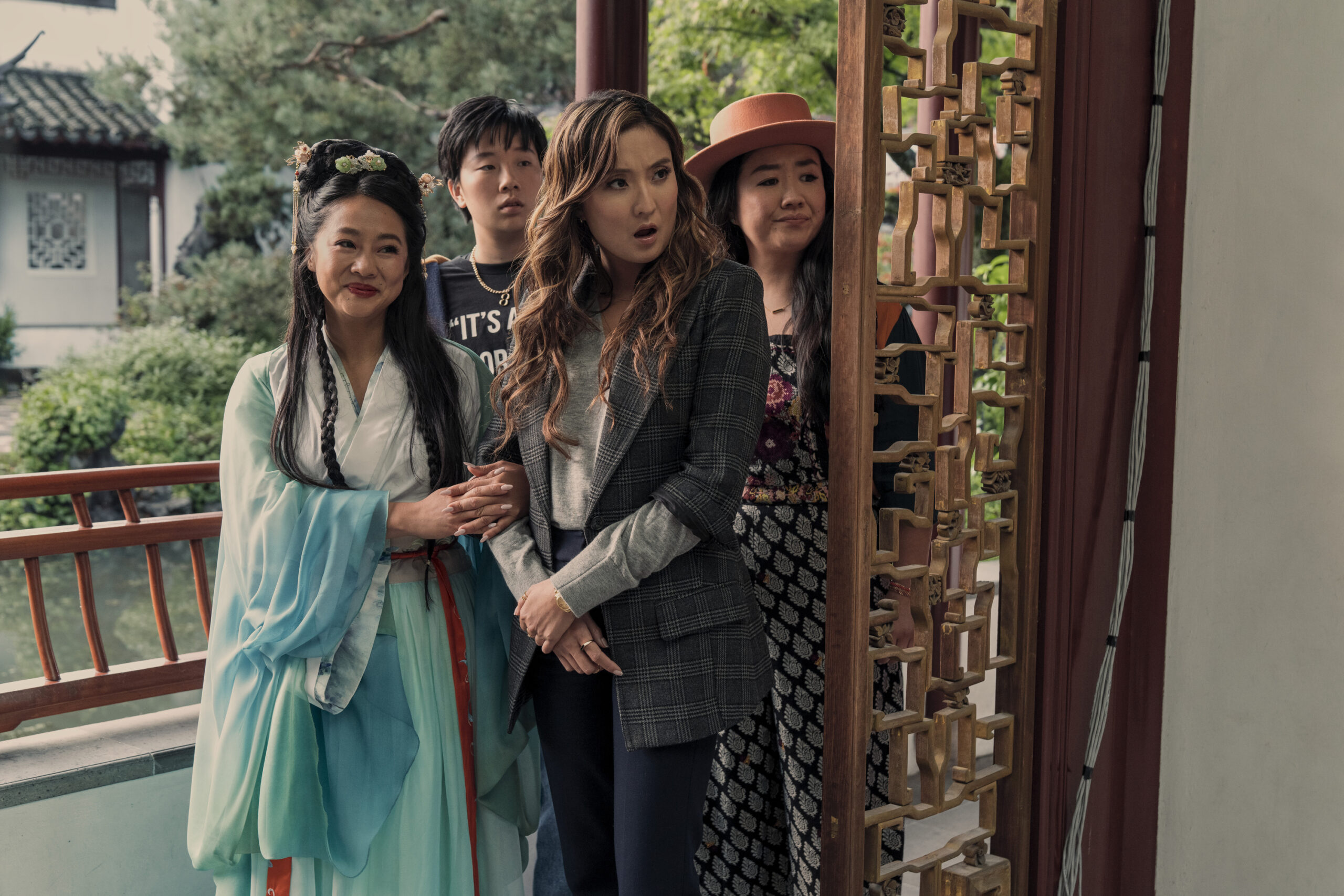 Stephanie Hsu as Kat, Sabrina Wu as Deadeye, Ashley Park as Audrey, and Sherry Cola as Lolo in Joy Ride.