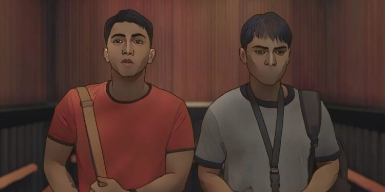 Carlo Aquino as Eric and Gio Gahol as Carlo standing next to each other in an elevator in the animated movie The Missing.