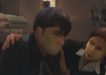 A woman comforts a man with no mouth in the movie The Missing.