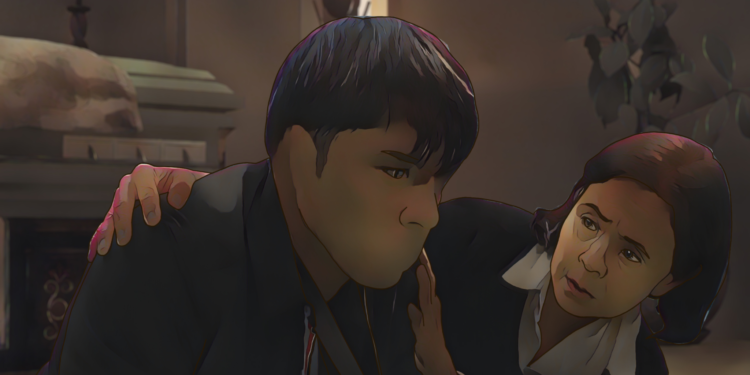 A woman comforts a man with no mouth in the movie The Missing.