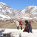 Thinley Lhamo as Pema kneeling in the snow in prayer by a river with a white horse behind her in the movie Shambhala.