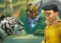 A group photo of a white tiger, blue dragon and a monkey sitting on his head, and a pre-teen boy in a yellow sweathshirt from the movie The Tiger's Apprentice.