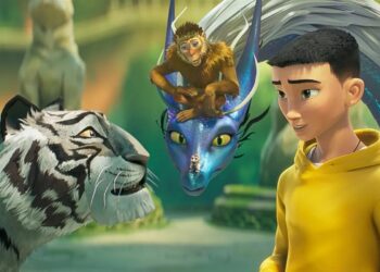 A group photo of a white tiger, blue dragon and a monkey sitting on his head, and a pre-teen boy in a yellow sweathshirt from the movie The Tiger's Apprentice.