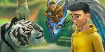 A group photo of a white tiger, blue dragon and a monkey sitting on his head, and a pre-teen boy in a yellow sweathshirt from the movie The Tiger's Apprentice.