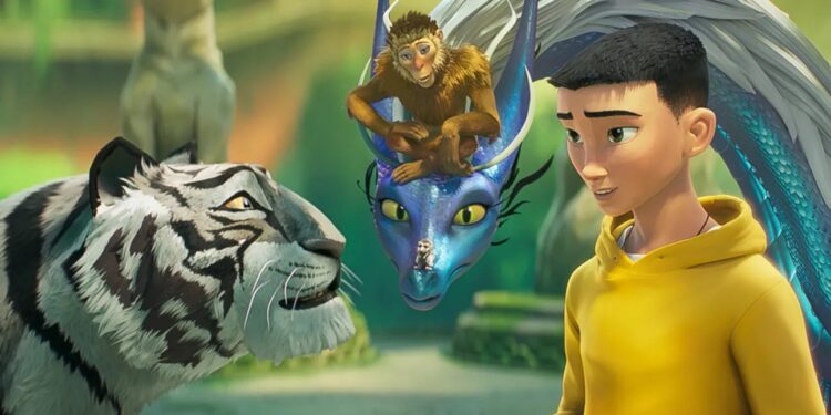 A group photo of a white tiger, blue dragon and a monkey sitting on his head, and a pre-teen boy in a yellow sweathshirt from the movie The Tiger's Apprentice.