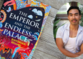 An image of a copy of The Emperor and the Endless Palace with a headshot of its author, Justinian Huang, edited next to it.