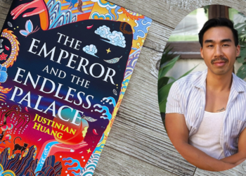An image of a copy of The Emperor and the Endless Palace with a headshot of its author, Justinian Huang, edited next to it.