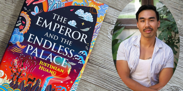 An image of a copy of The Emperor and the Endless Palace with a headshot of its author, Justinian Huang, edited next to it.