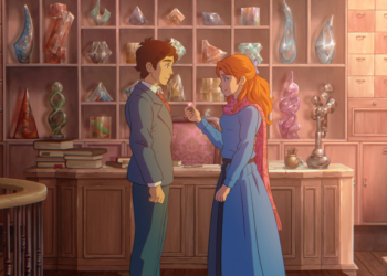 A still from The Glassworker, of two animate figures standing in a glass shop.