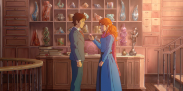 A still from The Glassworker, of two animate figures standing in a glass shop.