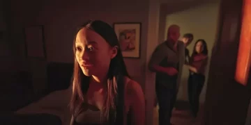 Callina Liang as Chloe in Steven Soderbergh's "Presence" looks toward the camera in fear.