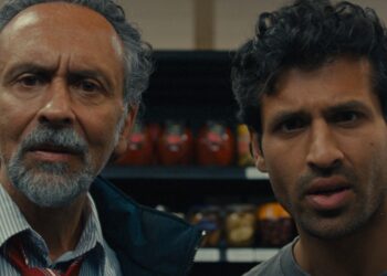 A close up of Bernard White as Vijay and Saamer Usmani as Ashish staring straight ahead puzzled in Shook