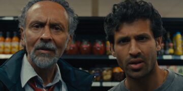 A close up of Bernard White as Vijay and Saamer Usmani as Ashish staring straight ahead puzzled in Shook
