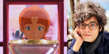 Composite image of Alliz staring at a bowl in The Glassworker and a headshot of Usman Riaz