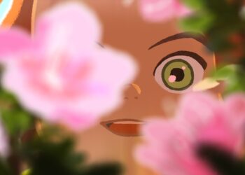 An extreme close-up of Amélie looking through a rose bush in Little Amélie or the Character of Rain.