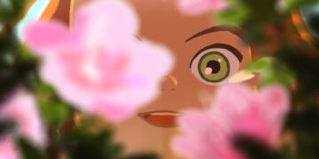 An extreme close-up of Amélie looking through a rose bush in Little Amélie or the Character of Rain.