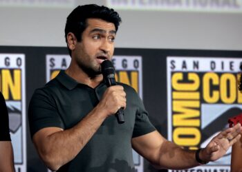 Kumail Nanjiani speaking at the 2019 San Diego Comic Con International, for "The Eternals", at the San Diego Convention Center in San Diego, California.