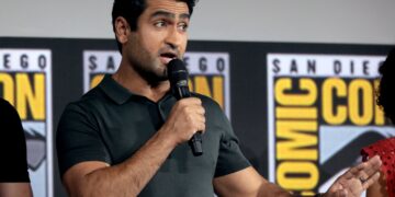 Kumail Nanjiani speaking at the 2019 San Diego Comic Con International, for "The Eternals", at the San Diego Convention Center in San Diego, California.