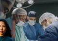 A headshot of director Poh Si Teng superimposed on a still from her documentary American Doctor