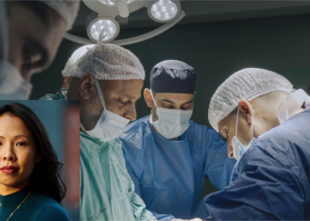 A headshot of director Poh Si Teng superimposed on a still from her documentary American Doctor