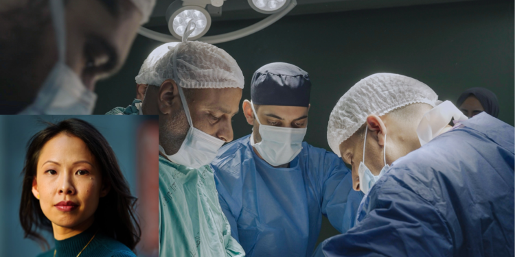 A headshot of director Poh Si Teng superimposed on a still from her documentary American Doctor